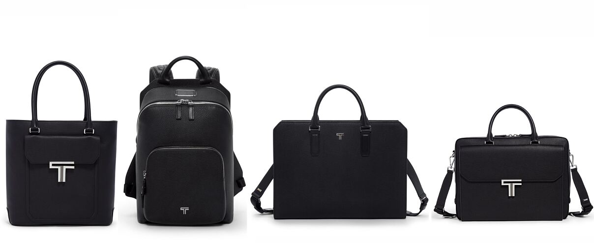 ( L to R): Allora Tote in Black, Alzare Backpack in Black, Savona Slim Brief in Black and Vincenzo Top Zip Brief in Black.