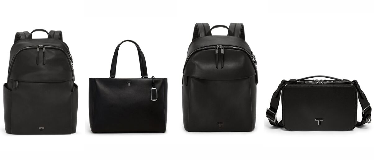 ( L to R): Raina Backpack in BlackGunmetal, Vail Medium Tote in BlackGunmetal, Holland Backpack in BlackGunmetal and the Myla Crossbody in BlackGunmetal