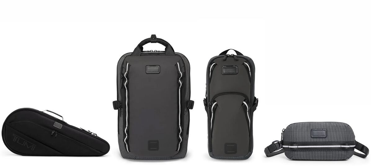 ( L to R): Alpha 3 Tennis Racket Bag in Black , Tour Biking Backpack in Dark Obsidian, Alliance Biking Backpack in Dark Obsidian and Peyton Bike Sling