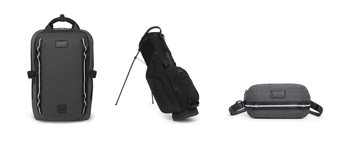 TUMI_AlphaBravo_Tour Biking Backpack_Dark Obsidian_Euro 650.00_TUMI_Alpha 3_Golf Stand Bag_Black_1.350,00 EuroTUMI_Alpha Bravo Signal Sling_Reflective_Euro 270.00