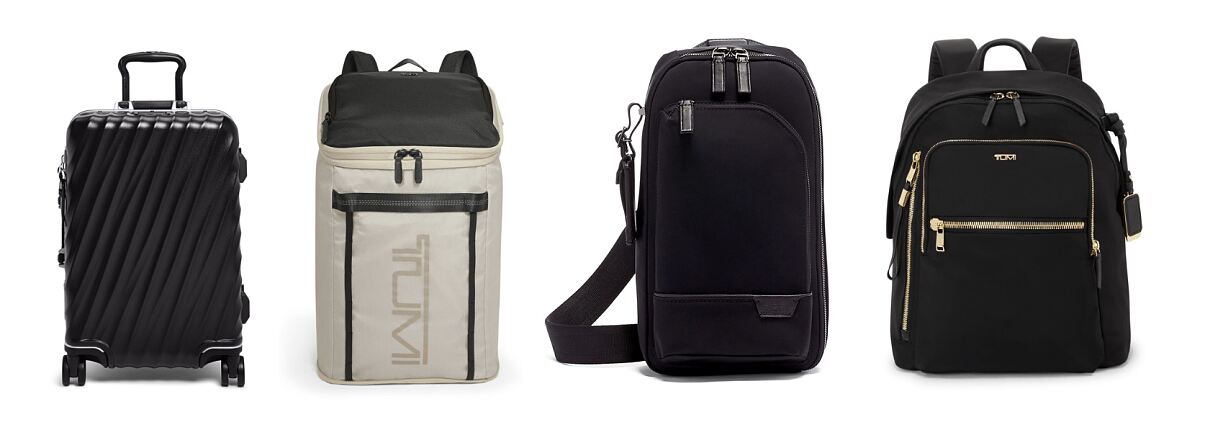 (lnr): TUMI International Expandable Carry-On in Black, Alpha Bravo Packable Backpack in Chalk, Harrison Gregory Sling in Black and Voyageur Halsey Backpack in BlackGold