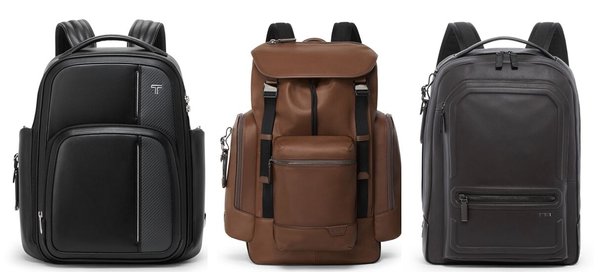 (L to R): Arrivé Large Backpack in Black, Harrison Griffen Flap Backpack in Cognac, and Harrison Bradner Backpack in Espresso Brown Bombe