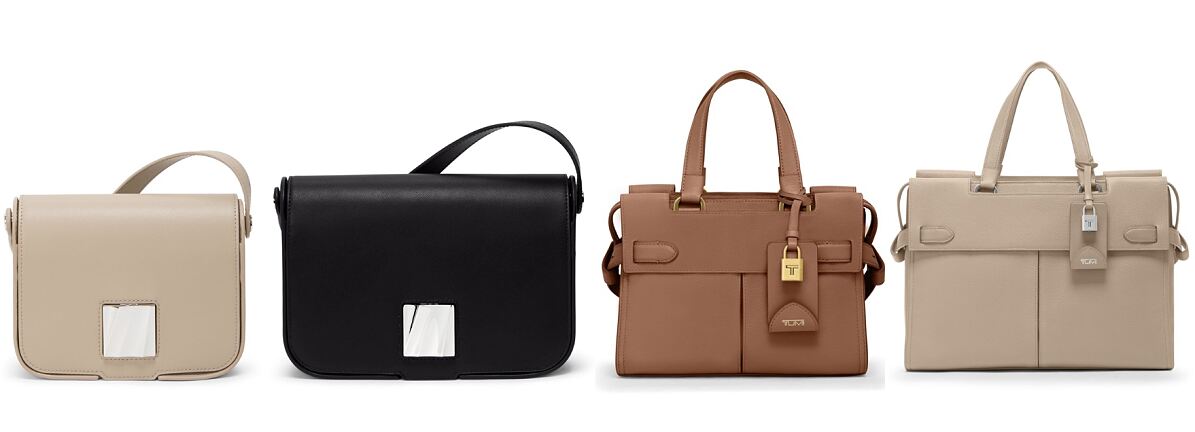(L to R): Olas Small Shoulder Bag in Oat, Olas Medium Shoulder Bag in Black, Agent Medium Tote in Sienna, and Agent Large Tote in Oat