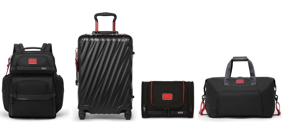 (L to R): Alpha Brief Pack in BlackRed, 19 Degree Aluminum International 4-Wheeled Carry-On in BlackRed, Alpha Hanging Travel Kit in BlackRed, and Alpha Double Expansion Travel Satchel in BlackRed