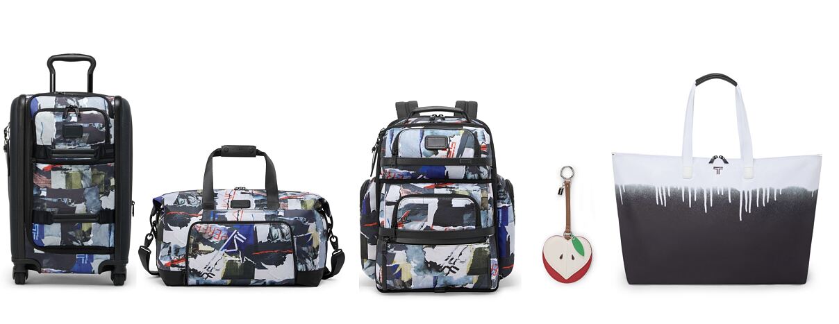 V.l.n.r. TUMI_Alpha 3 Intern. Exp.Front4wheels_Poster print_Euro 980.00_Alpha 3_Double Expansion Travel Satchel_PosterPrint_Euro 580.00_Alpha 3 Brief Pack_Poster Print_Euro 660.00_BigAppleMirrorCharm_Euro 90.00_Voyageur_Just in Case_WhiteSpray_Euro 160.00